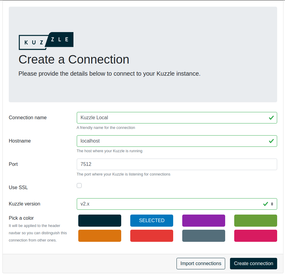 Admin Console create connection form