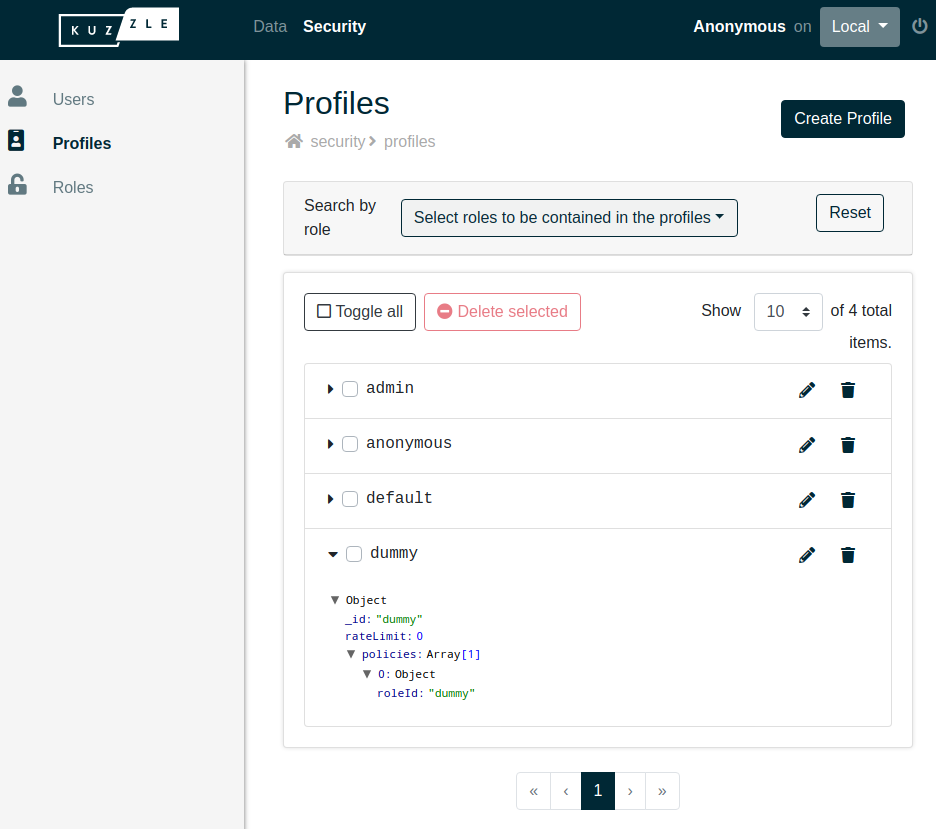 Admin Console profiles display screenshot